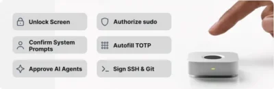 Immurok Fingerprint Key Unlocks Linux, Approves SSH and AI Agents 2 Finger about to press a small device next to buttons labeled Unlock Screen, Authorize sudo, Confirm System Prompts, Autofill TOTP, Approve AI Agents, and Sign SSH & Git.