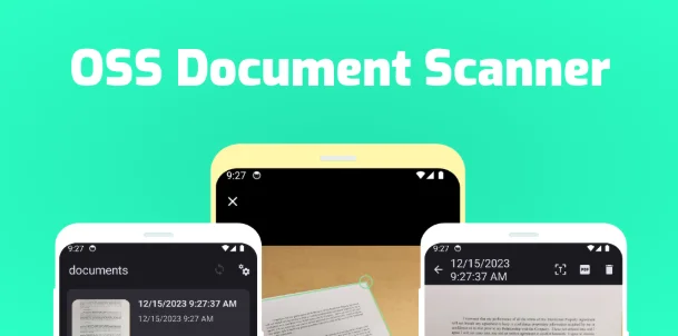 Promotional graphic showing the OSS Document Scanner app on two smartphones, with scanned documents displayed against a turquoise background.