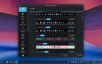 I discovered KDE’s hidden superpowers after installing these 3 open-source utilities 4 Screenshot of the "Panel colorizer Settings" window showing various preset options for panel appearance and customization on a desktop PC.